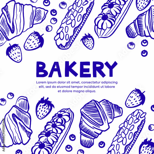 Hand-drawn bakery flyer. Set of vintage banners with croissants and eclairs, blue sketch vector illustrations on a white background.