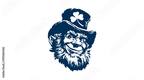 A smiling, bearded, leprechaun-like character wears a top hat with a clover on it. It is dark blue