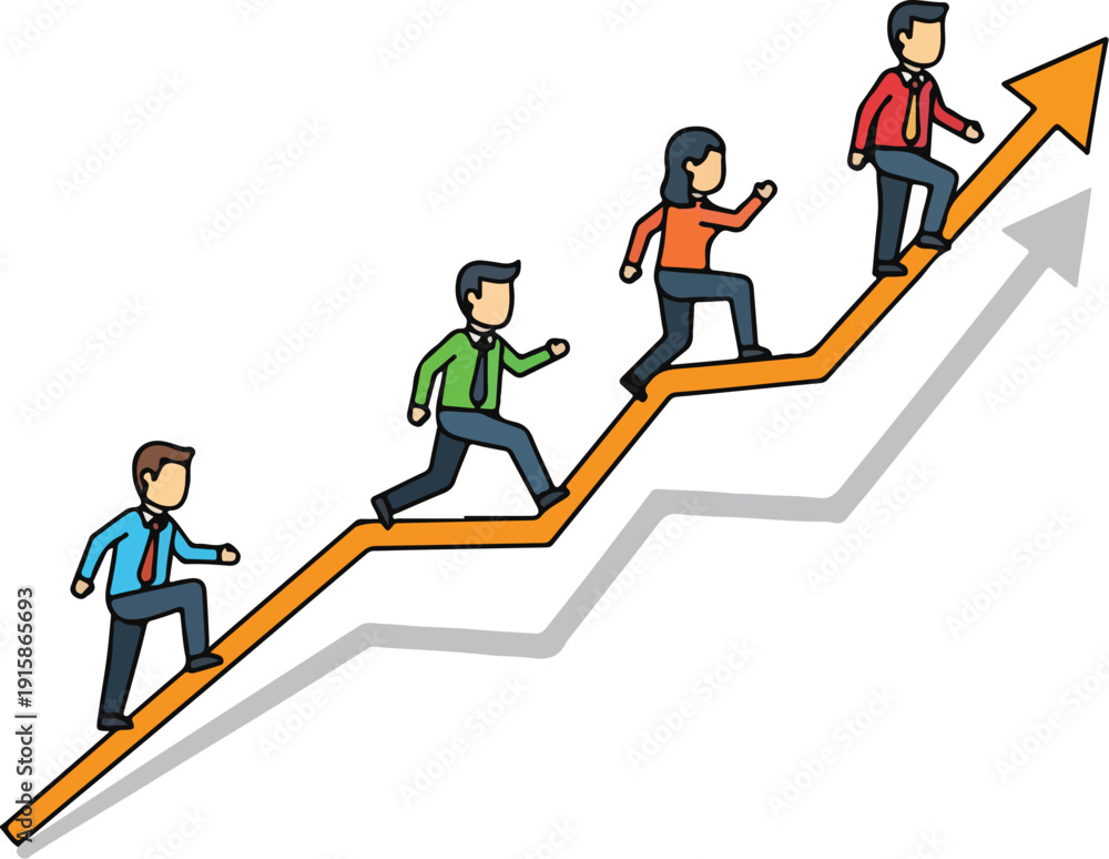 Fototapeta premium People climbing a rising arrow, symbolizing career growth and progress in a professional setting