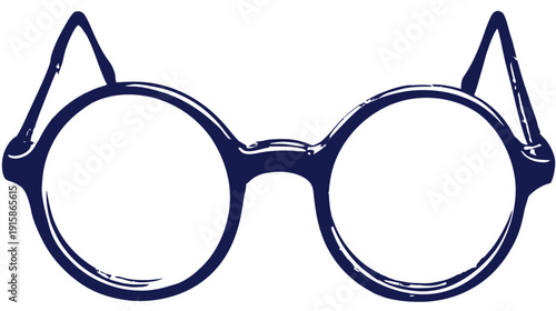 A dark blue line drawing of round framed eyeglasses. Lenses empty, earpieces at each side
