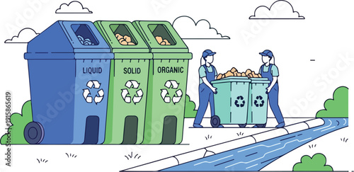 Workers sorting waste into recycling bins for liquid, solid, and organic materials outdoors