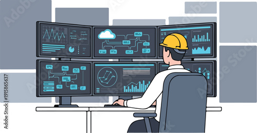 Technician in hard hat analyzing data on multiple computer screens in a modern office environment from a rear viewpoint