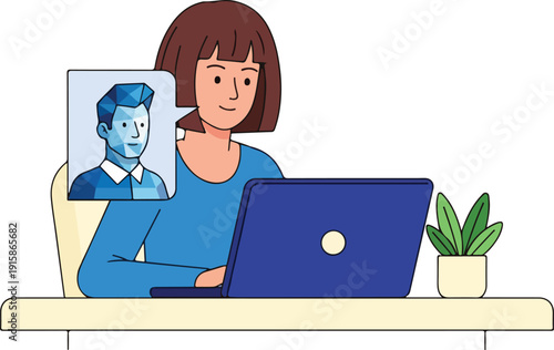 Woman working on laptop with video call on screen, sitting at desk with plant nearby in a modern office setting