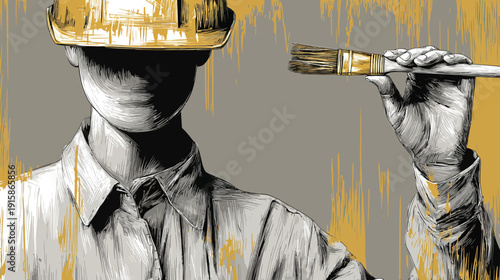 Illustration of a person in a construction helmet holding a paintbrush, with paint strokes