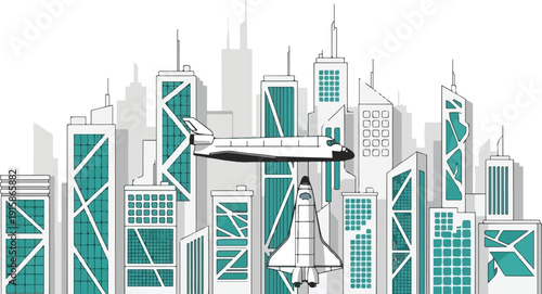 Futuristic cityscape with spacecraft and skyscrapers illustration from a low angle viewpoint