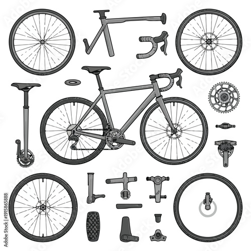 Bicycle & Components – Technical Sketch Style Vector Illustration Set
