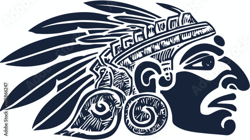 A dark blue line art illustration of an indigenous person in profile, wearing feathers and headdress