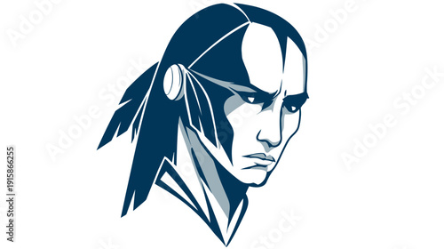 A stern and stoic profile portrait of a Native American man with a serious expression and feathers