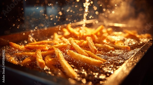 Frying shoestring french fries in hot oil with steam and splashes in a commercial kitchen setting