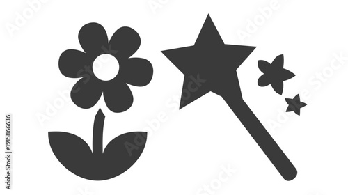 Silhouetted illustration of a flower and a magic wand with stars, rendered in a simple grayscale style