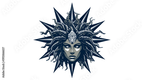 A stylized illustration features a woman with snake hair, adorned with star-shaped spikes