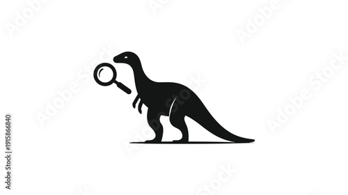 A dinosaur silhouette holds a magnifying glass against a white background