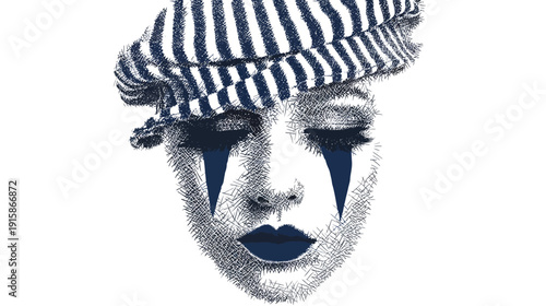 A face composed of fine lines, with a striped hat, clown-like makeup, and closed eyes