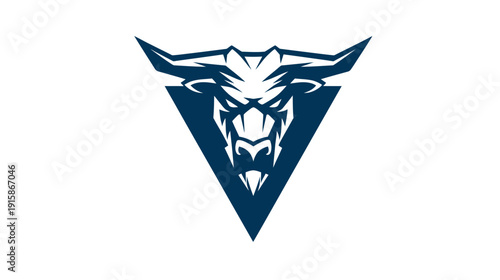 A dark blue animal head with horns and teeth is centered inside an inverted triangle on a white background