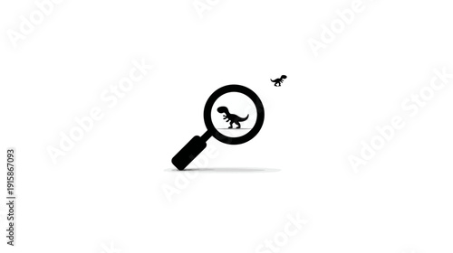 Black dinosaur in a magnifying glass with a shadow on a white background, other dino nearby