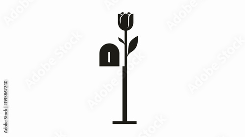 A black and white illustration of a stylized mailbox with a flower on top