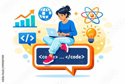 Female Web Developer Coding on Laptop. Programming, Digital Strategy, and Technology Growth Concept. Flat Vector Illustration.