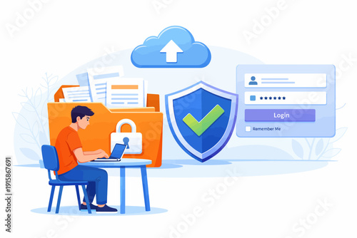 Cloud Data Security and Account Login Protection. User secures private files with strong authentication, privacy shield, and encrypted backup.
