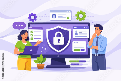 Digital Security and Privacy Protection: Business People Discussing Data Safety and Cyber Management Illustration.