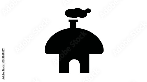 A minimalist house silhouette.  Smoke emanates from a chimney on its curved roof