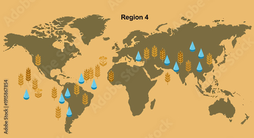 Global Agricultural Patterns: A detailed map illustrating global agricultural trends, with a focus on crop distribution and water resource location.