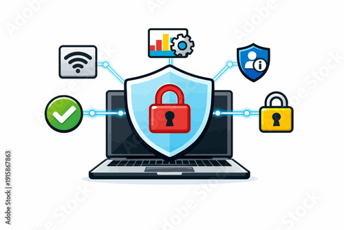 Laptop Security System. Cybersecurity Shield and Padlock Protecting Data, Network, and User Privacy. Internet Protection Concept Vector.