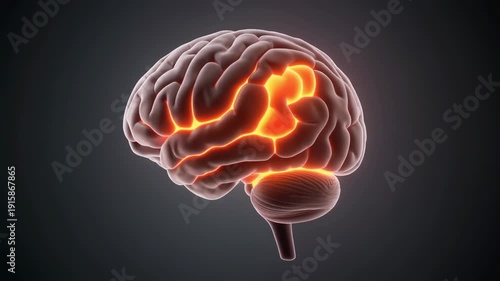 A detailed 3D illustration of a human brain with highlighted areas, showcasing neurological activity and intricate details from a frontal viewpoint.