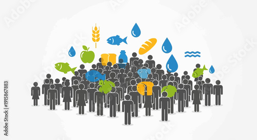 People & Resources: A conceptual illustration depicting a dense gathering of individuals surrounded by symbolic representations of essential resources. Evoking themes of access, scarcity.