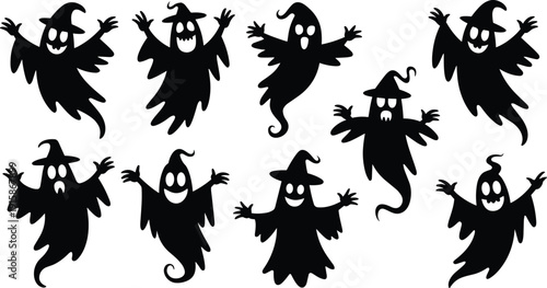 Cute spooky ghost silhouettes set, playful Halloween cartoon spirits illustration, black funny monsters collection isolated on white background
