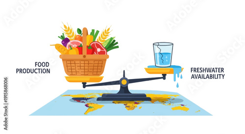 Balancing Food and Fresh Water: An illustration showing the delicate balance between food production and freshwater availability on a global scale, symbolizing the crucial link for sustainable future.