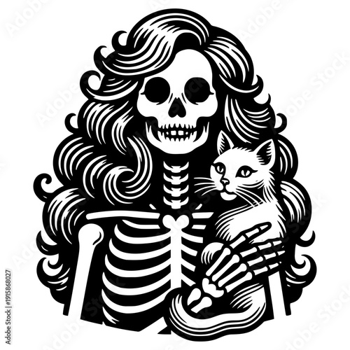 Skeleton with long hair holding cat vector illustration