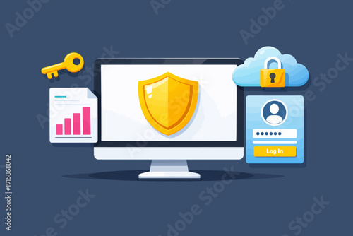 Cybersecurity and Data Protection Concept: Secure Computer Monitor Displaying Shield, Access Key, Locked Cloud Storage, and User Login for Digital Privacy.