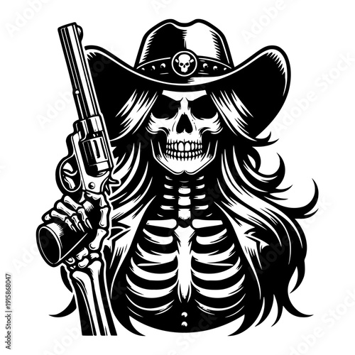 Skeleton with cowboy hat vector illustration