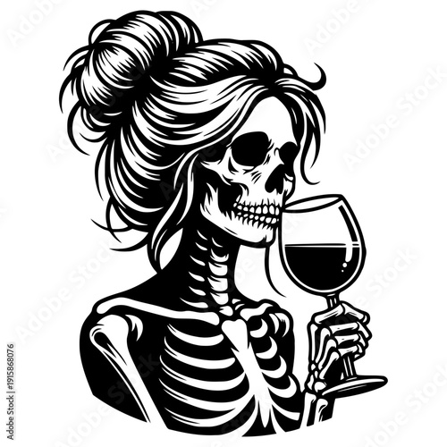 Skeleton holding wine glass vector illustration