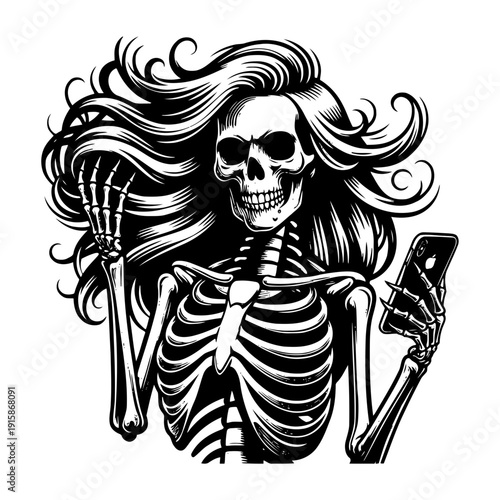 Skeleton with long hair holding phone vector illustration