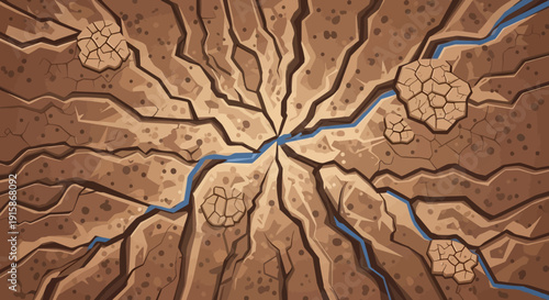 Cracked Earth and Waterways: An aerial perspective of parched earth, intricately fractured, with vibrant blue waterways weaving through the cracks.