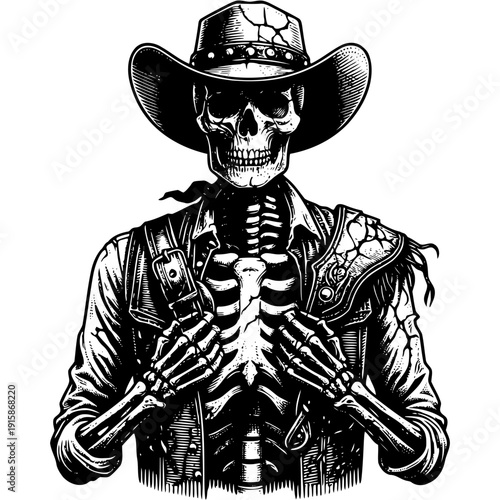 Skeleton wearing cowboy hat vector illustration