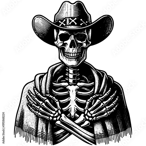 Skeleton with cowboy hat vector illustration