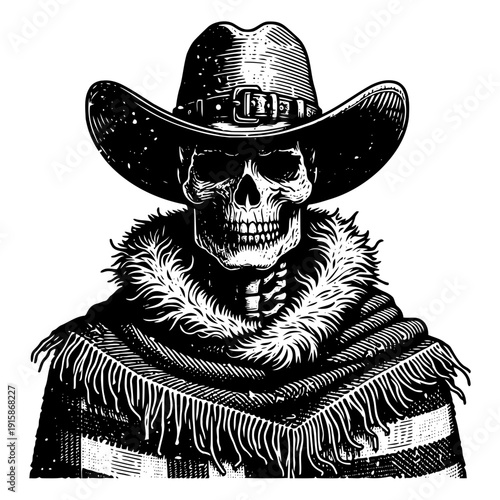 Skeleton wearing cowboy hat vector illustration