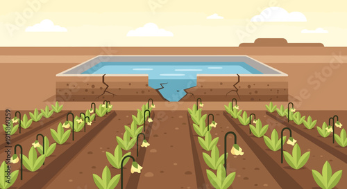 Drought-Stricken Oasis: A parched desert landscape reveals a cracked reservoir, water flowing away, as thirsty crops wither in the arid earth, illustrating the harsh impact of drought.