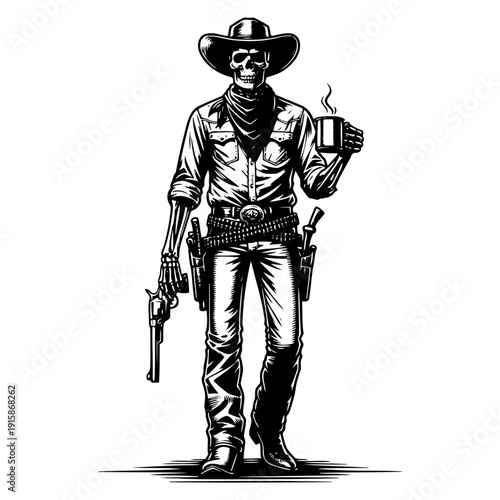 Skeleton cowboy holding coffee vector illustration