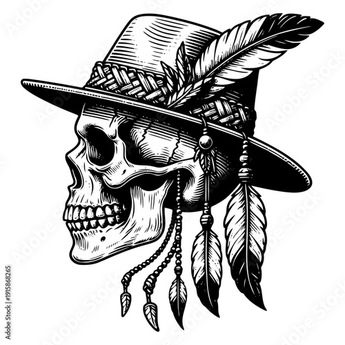 Skull with feathered hat vector illustration