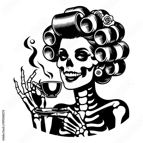 Skeleton with curlers holding teacup vector illustration