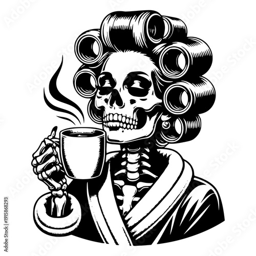 Skeleton with curlers holding cup vector illustration