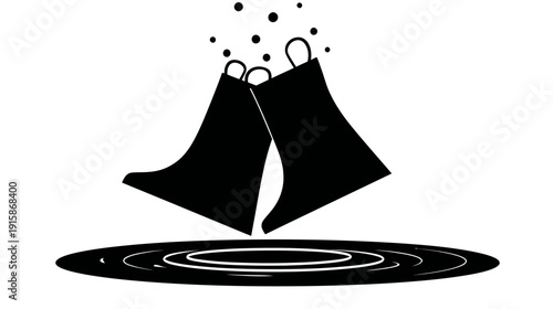 A monochrome illustration showing boots and ripples. Bubbles float above the water's surface
