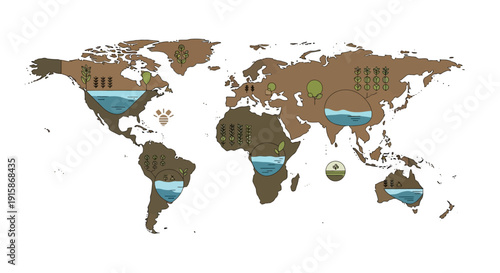 World Map Representation of Natural Resources: An artistic representation of the world map, where water resources are highlighted. This image represents the environmental element of our planet. 