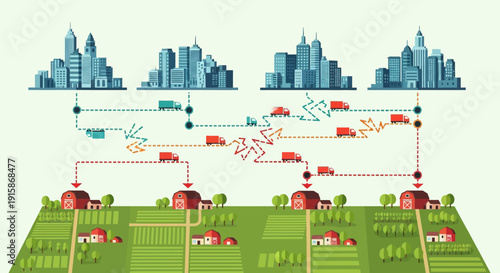 Farm to City: An illustration depicts the complex journey of goods from the farm to the city, highlighting the interconnectedness of food production and urban consumption.