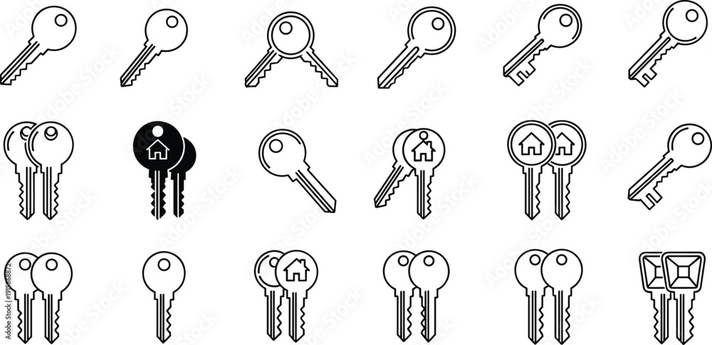 Fototapeta premium House and Car Key Icon Set Featuring Skeleton Keys, Modern Security Fobs, and Locked Home Symbols for Real Estate, Automotive Security, and Digital Privacy Designs