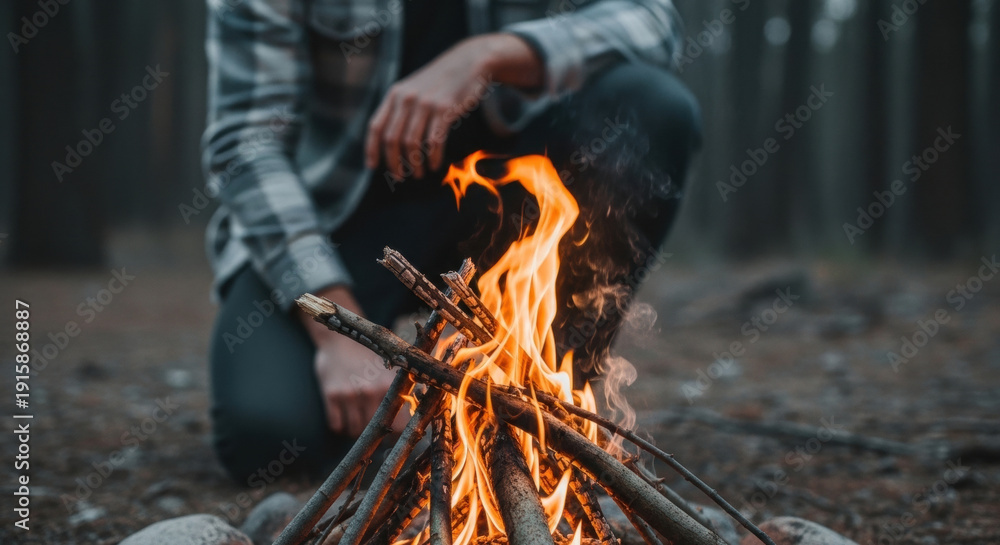 Fototapeta premium Campfire flame burning wood sticks with person sitting in forest setting