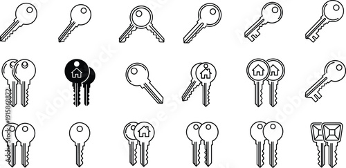 House and Car Key Icon Set Featuring Skeleton Keys, Modern Security Fobs, and Locked Home Symbols for Real Estate, Automotive Security, and Digital Privacy Designs
